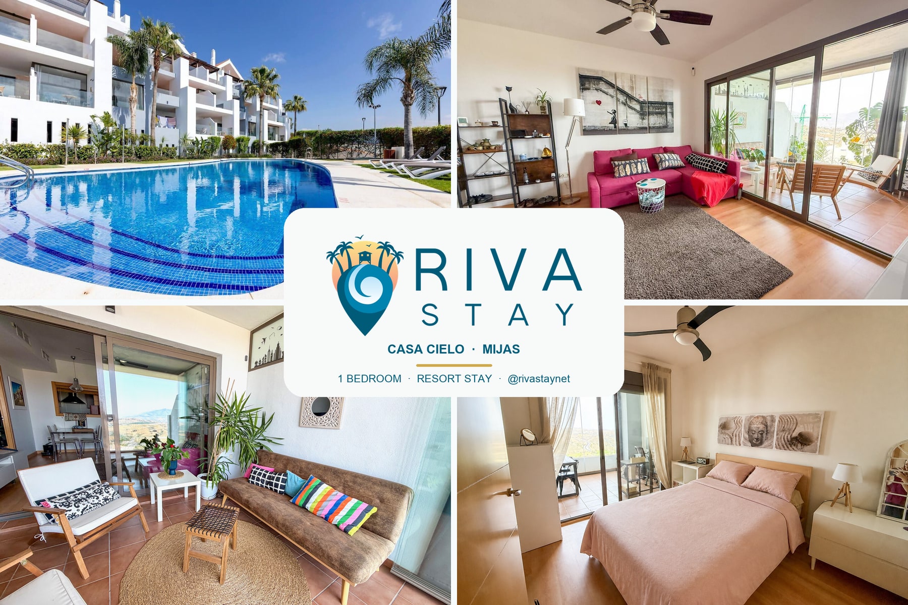 Casa Cielo collage showing the resort pool, living room and bedroom