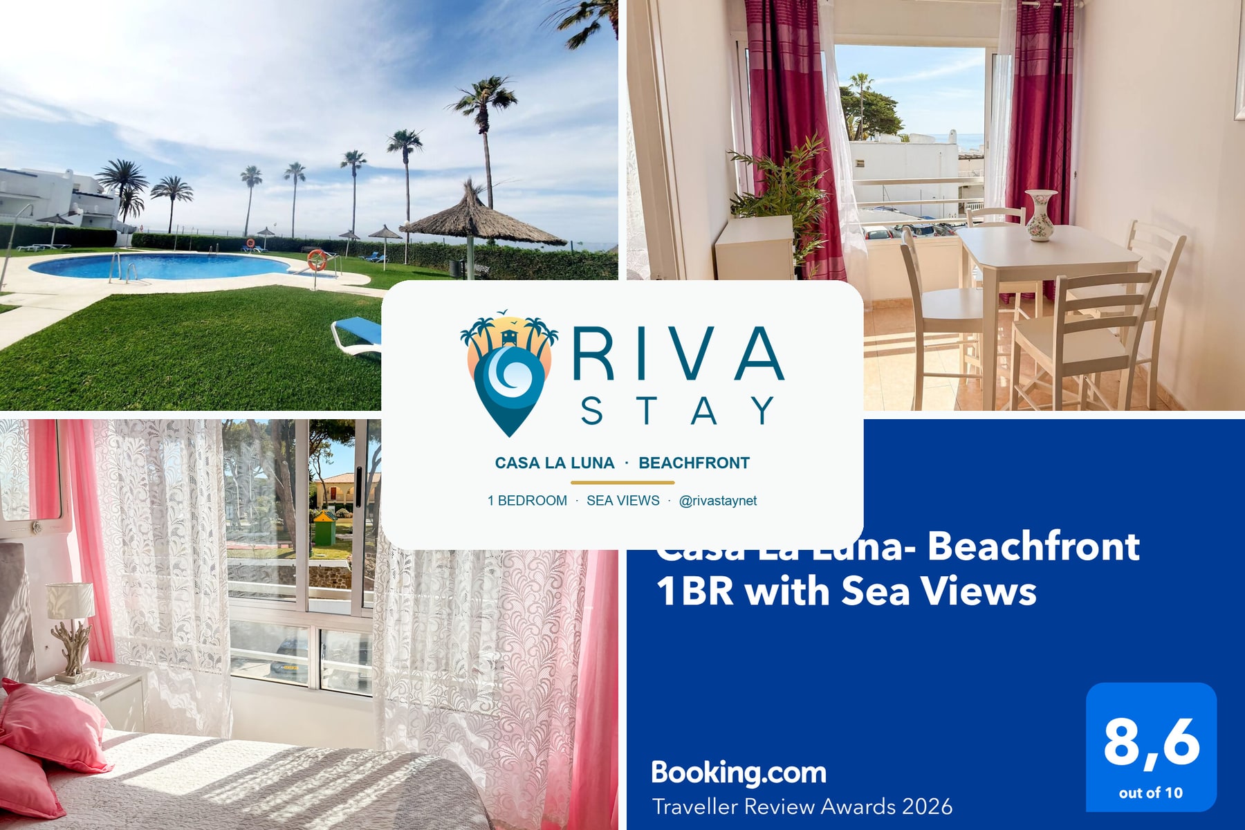 Casa La Luna collage showing the beachfront pool, living area and bedroom