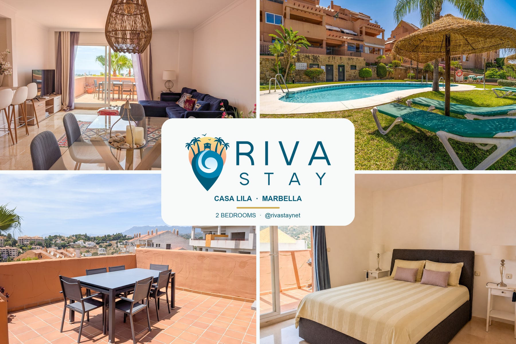 Casa Lila collage showing the living room, terrace, pool and bedroom