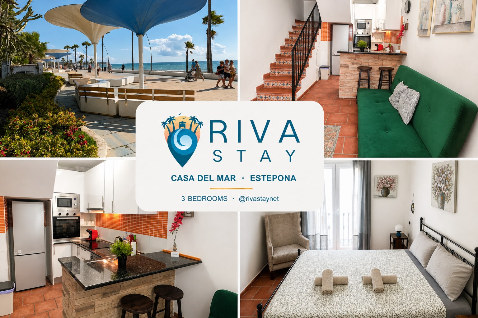Casa Mar Estepona collage showing the promenade, living area and bedroom