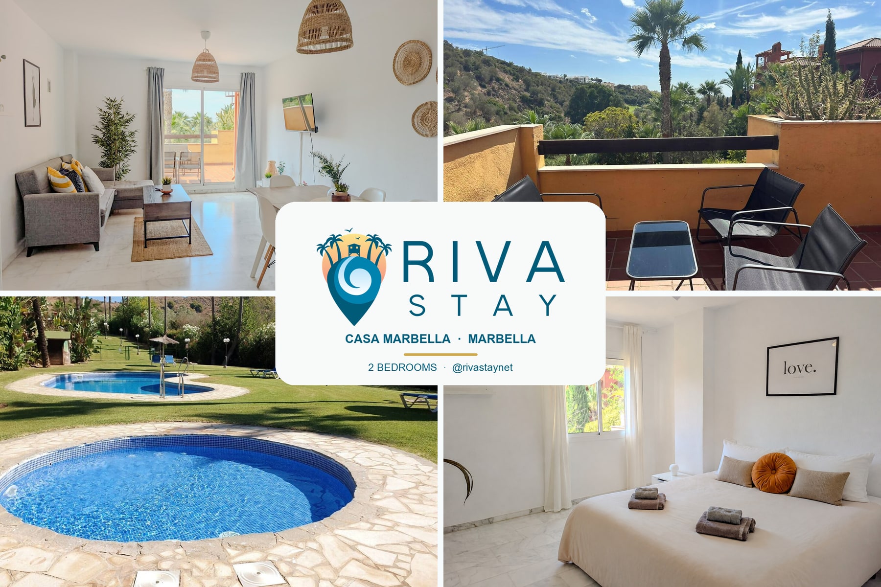 Casa Marbella collage showing the living room, terrace, pool and bedroom