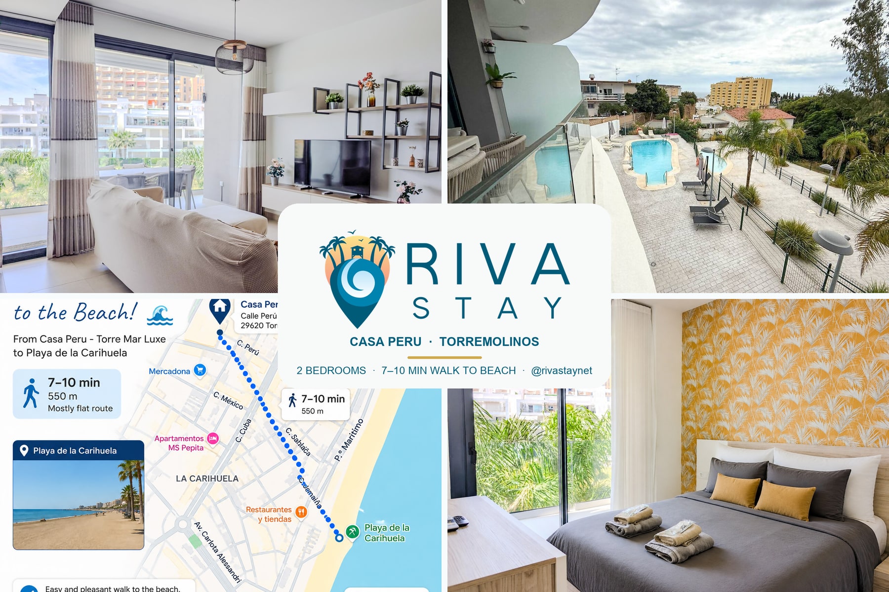 Casa Peru collage showing the living room, pool, beach walk and bedroom